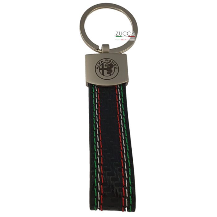 Portachiavi "Alfa Romeo" Similpelle nero cuciture tricolore 110x22 mm con anello