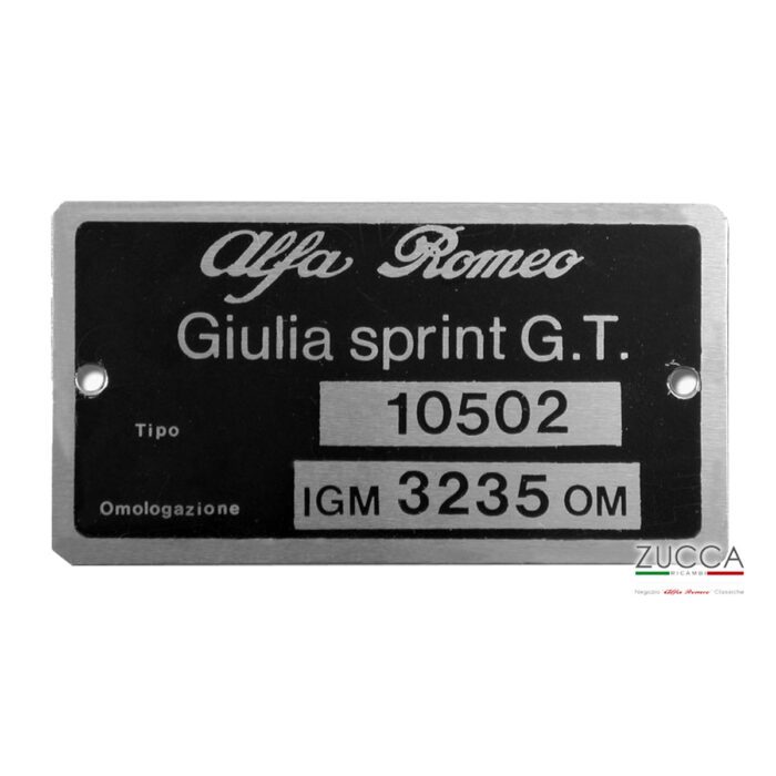 Targhetta Identificativa  (105.02 Giulia Sprint GT 1600) - 45x85 mm