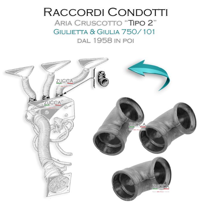 Set (3 pz.) Raccordi in Gomma - Condotti Aria Cruscotto "TIPO 2" (Serie 750/101 dal 1958 in poi)
