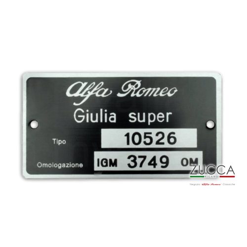 Targhetta Identificativa (105.26 Giulia super "1.600 cc") - 45x85 mm
